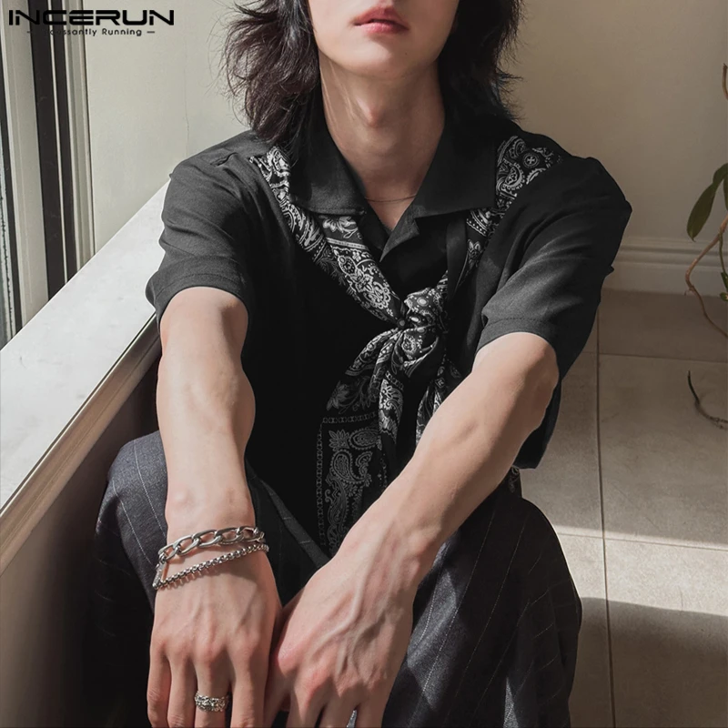 

INCERUN Мужская рубашка с принтом, пояс в стиле пэчворк, с лацканами, с коротким рукавом, мужская одежда, летняя уличная одежда, 2025 г., свободные мужские топы в корейском стиле