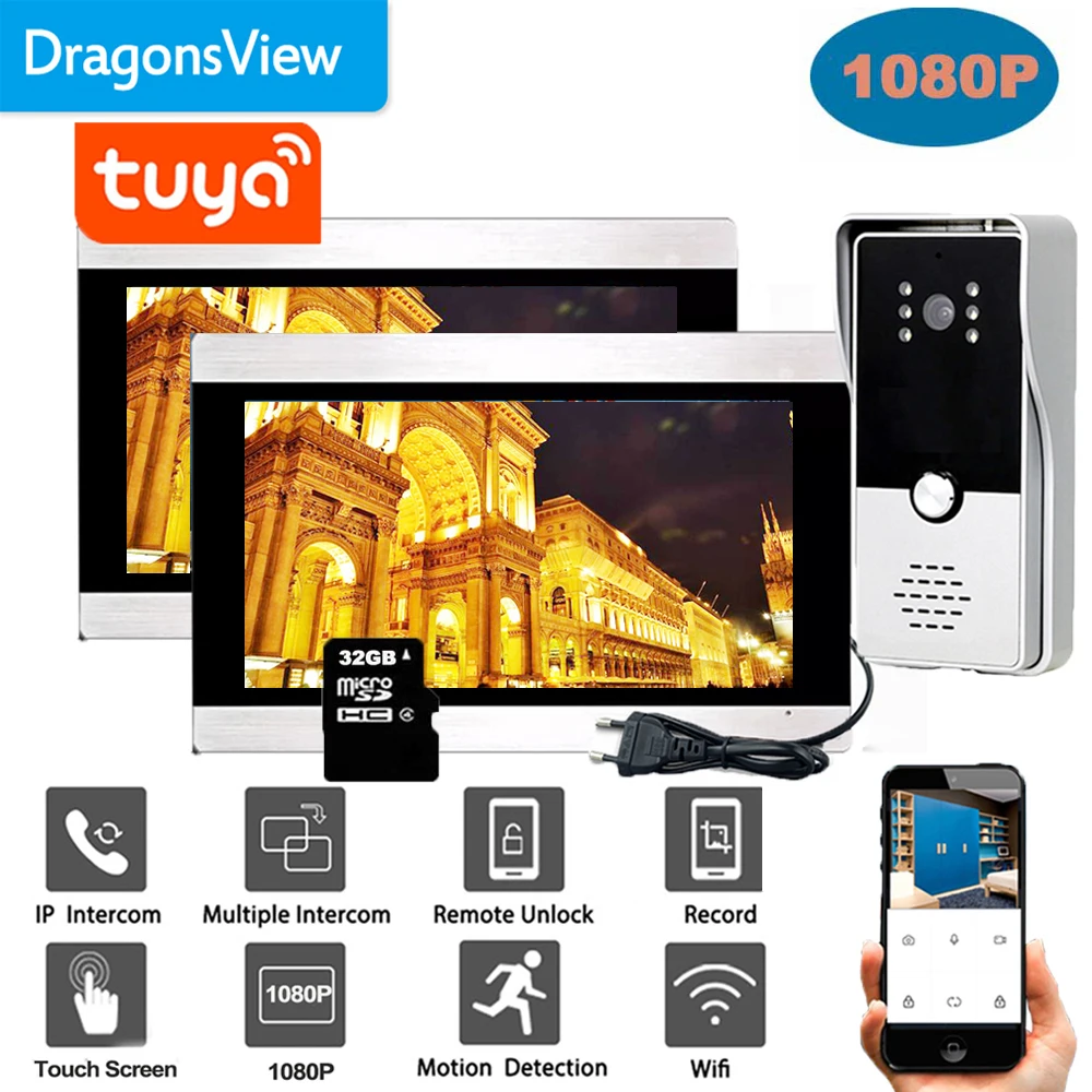 Dragonsview 7 “ 1080P Wifi Video Door Phone with Monitor and Doorbell Camera Wireless Smart Intercom  Touch Screen Record Unlock