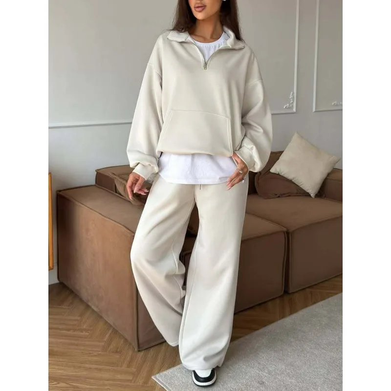 European American Casual Women Cotton-padded Suit Zipper Lapel Pullover Hoodie Lace-up Straight Leg Wide-leg Pants Two-piece Set