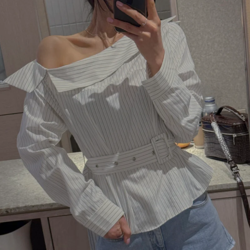 

Chic Design Sensation Women's Long Sve irt Spring New Sle Belted Waist Slimming Top Striped Turn-down Collar Side ou...