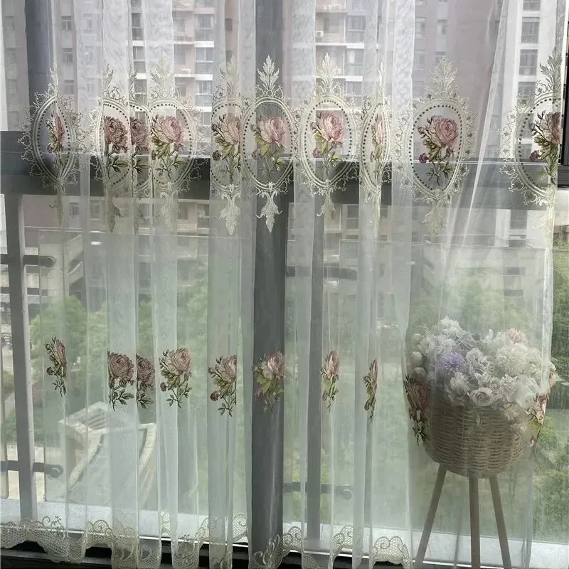 American Luxury Peony Embroidery Tulle Curtain For Living Room European Elegant Flower Sheer Voile Drapes For Bedroom