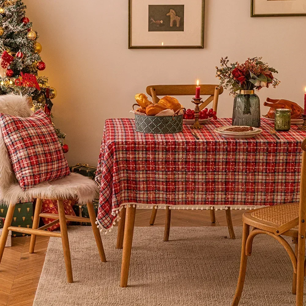 Christmas Snowflake Ball Table Cloth Checkered Printing Dressing Table Cover Cloth Christmas New Year Decoration Background