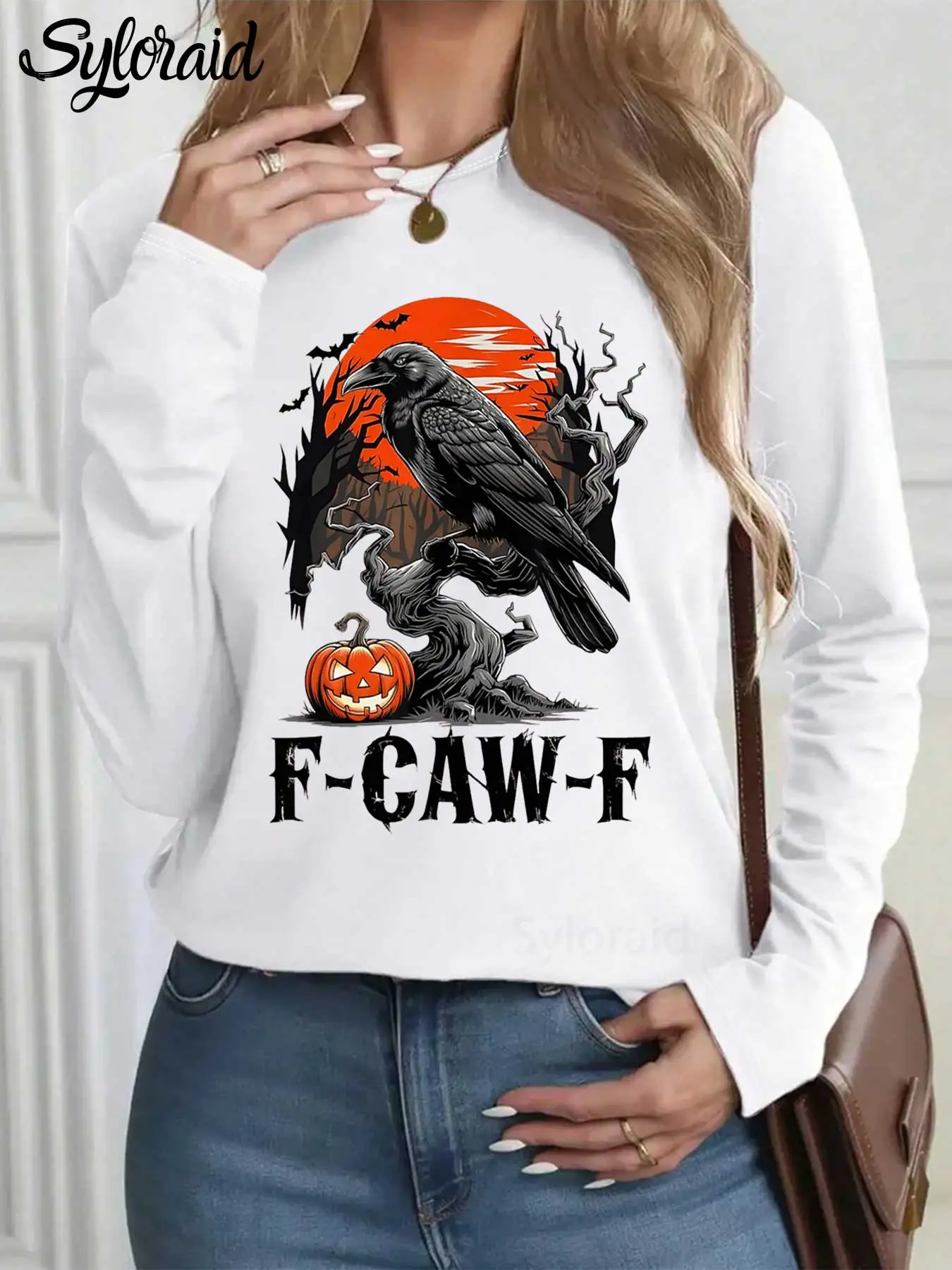 المرأة طويلة الأكمام تي شيرت F-Caw-F مضحك الغراب القوطية الغراب تي شيرت الطيور هالوين قميص موضة الجولة الرقبة رداء علوي غير رسمي #1