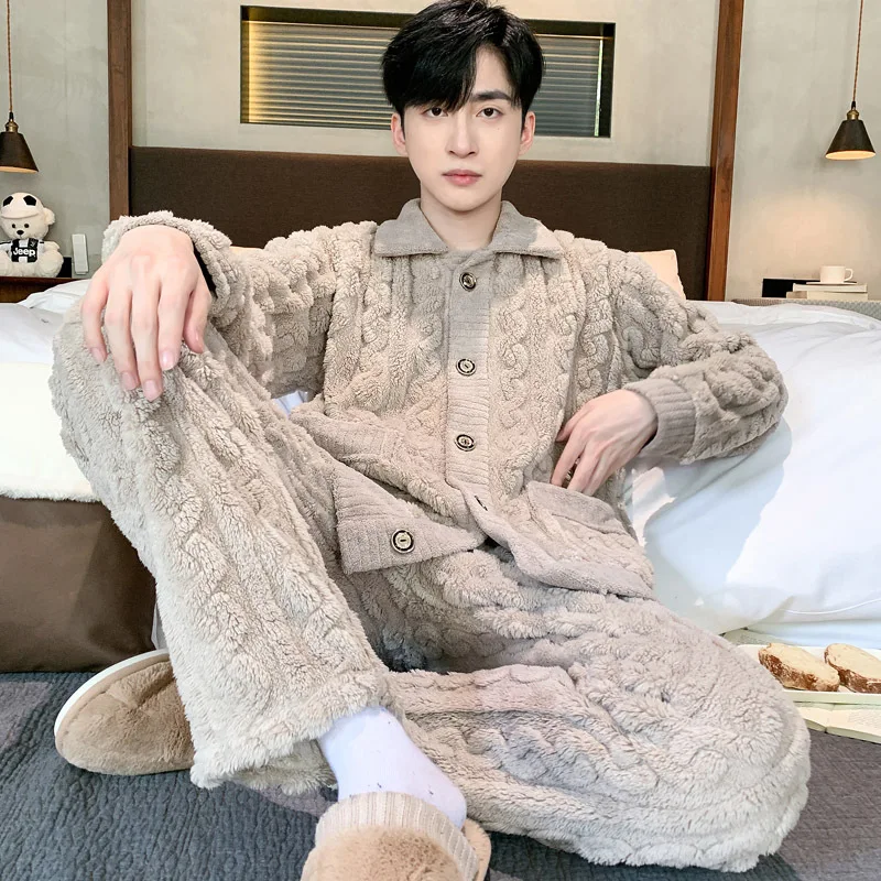 Men's Warm Autumn Winter Pajamas Set Homewear Long-sleeved Trousers Two-piece Set Thick High Quality Sleepwear Suit Home Clothes