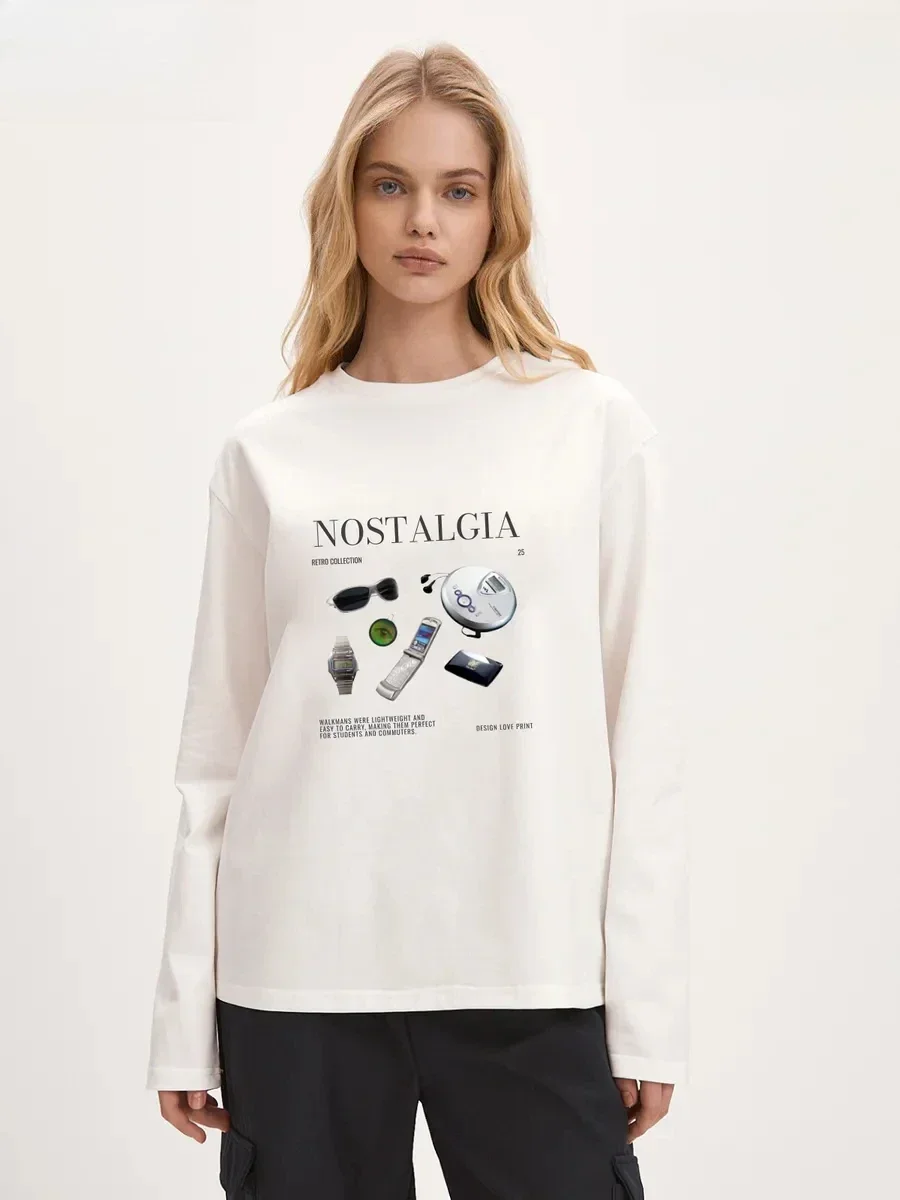 Spring Autumn Women's Long Sleeve 100% Cotton T Shirt Nostalgia Electronic Gadget Graphic Print Loose Casual Daily Wear Top