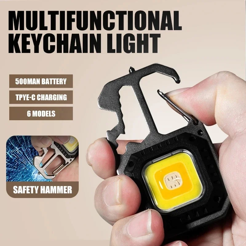 Mini LED Keychain Multifunctional Portable Flashlight Emergency COB Work Light USB Rechargeable Pocket Torch For Outdoor Camping