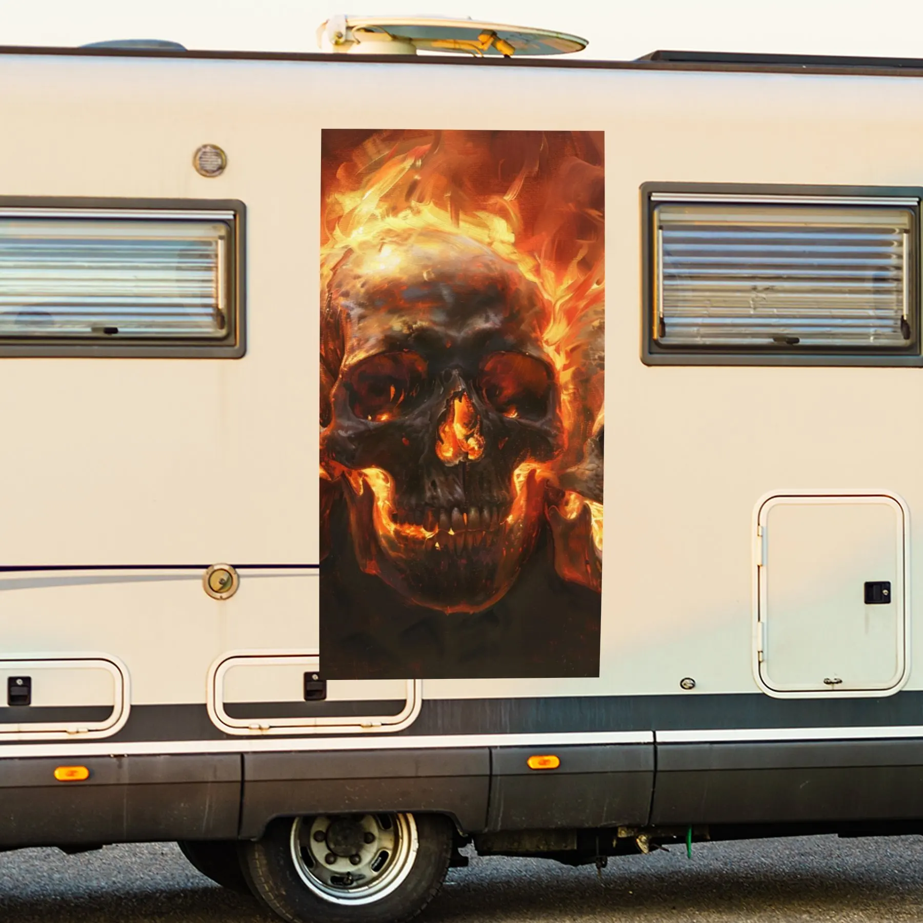 

Flaming Skulls Trio,Motorhome Car Door Sticker PVC Self Waterproof Stick, Striking Auto Exterior Accessories Decor Protect Gift