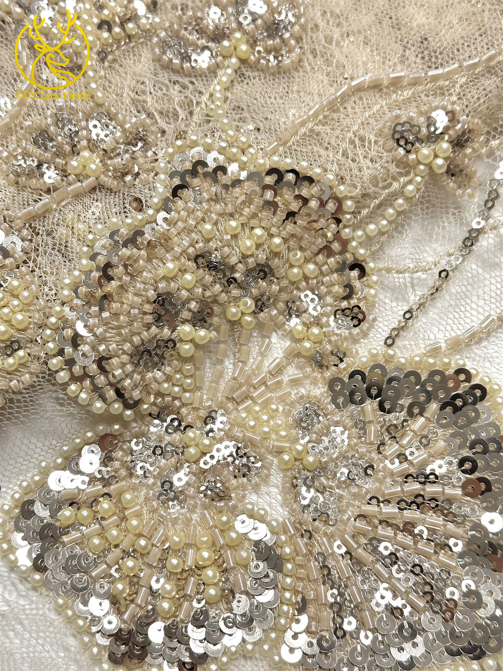 Afrikanischer Perlen-Spitzenstoff, 5 Yards luxuriöser nigerianischer französischer Pailletten-Spitzenstoff, ideal zum Nähen von Damen-Partykleidern – Detail 14