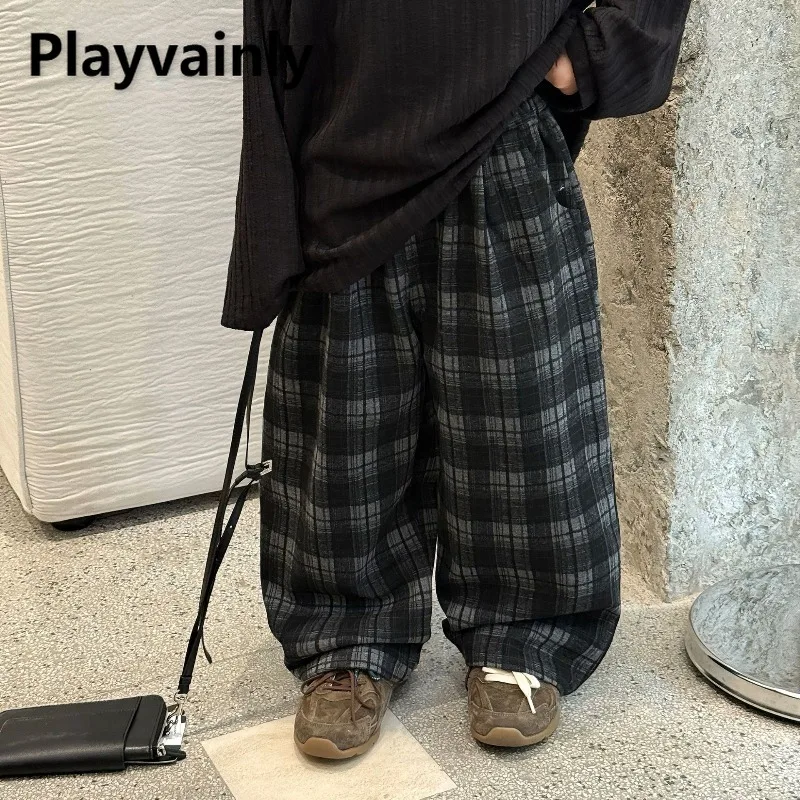 

2025 New Spring Autumn Boys Grey Plaid Pants Loose Straight Leg Casual Pants Children Trendy Versatile Wide Leg Trousers A5078