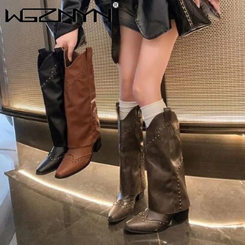 2025 Women Square Heel Cowboy Western Short Leather Knee High Luxury Designer Gothic Punk New Rock Shoes Vintage Studded Boots