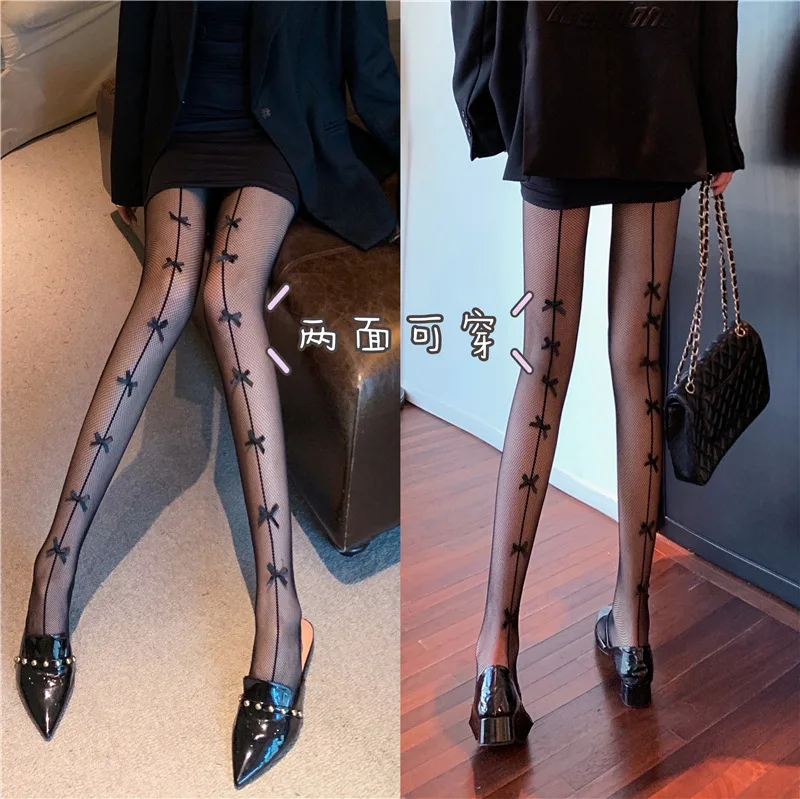 Cute Lolita Bowknot Beautiful Leg Socks Sexy Stockings Hollow Fishnet Stockings Pantyhose with Bow Ladies Black JK Lolita Socks