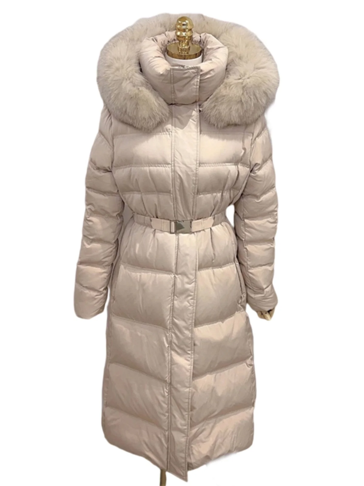 Korean Sle Long Thiened Women's down Jaet Winter Faionable over Knee Slim Fit Waist Inward Coat with Fur Collar