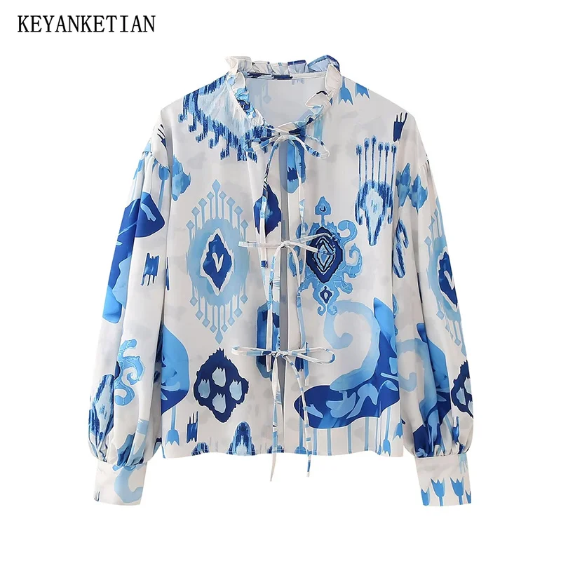 

KEYANKETIAN 2024 New Launch Women's Tie Dye Printed Shirt Spring Bow Lace Up Lantern Sleeve Oversize Loose Blouses Chic Top