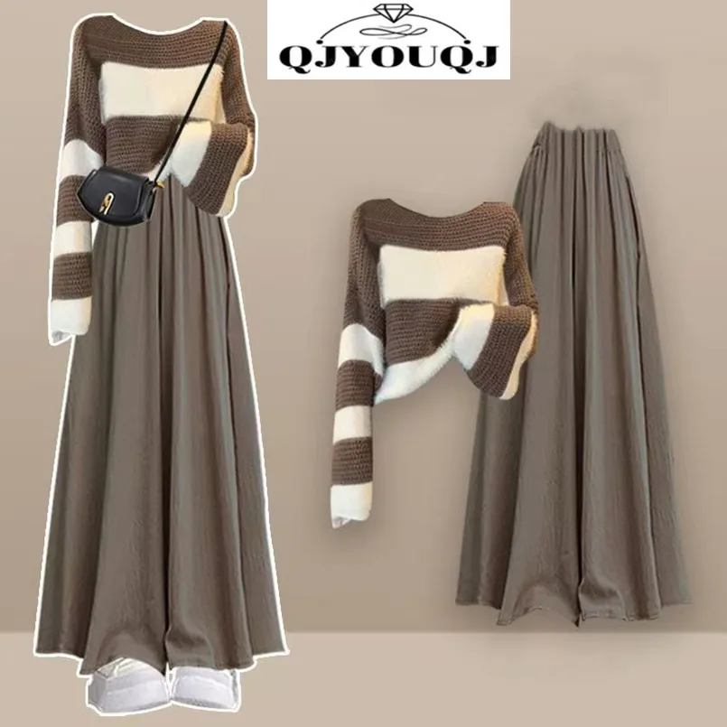 

Spring and Autumn Set Women's New Korean Knitted Shirt Striped Top+Loose Half Body Skirt Pants Two Piece Set