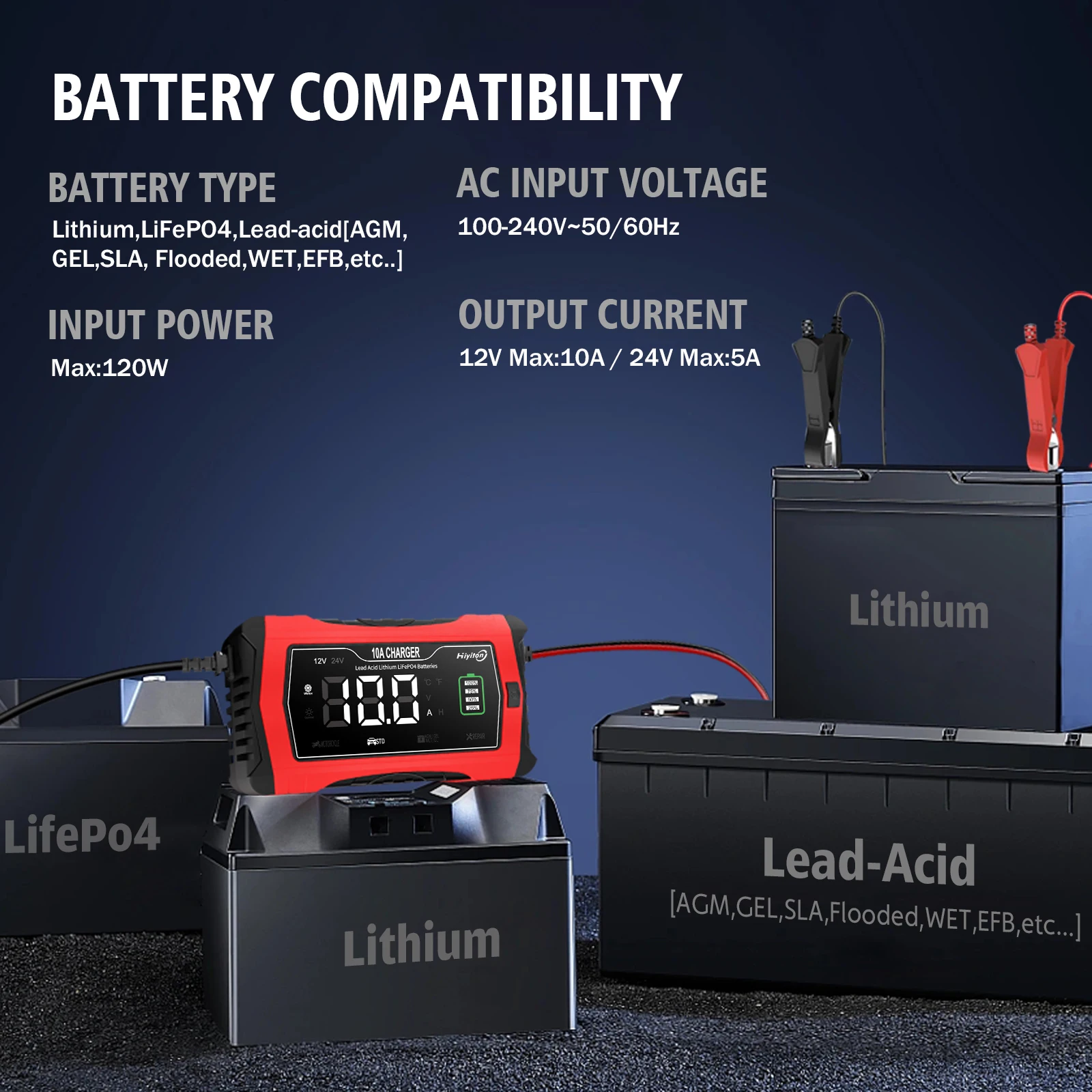 Hiyiton 12V 24V 10A araba pil şarj cihazı için AGM jel islak kurşun asit lityum LiFePO4 akıllı hızlı şarj piller darbe onarım