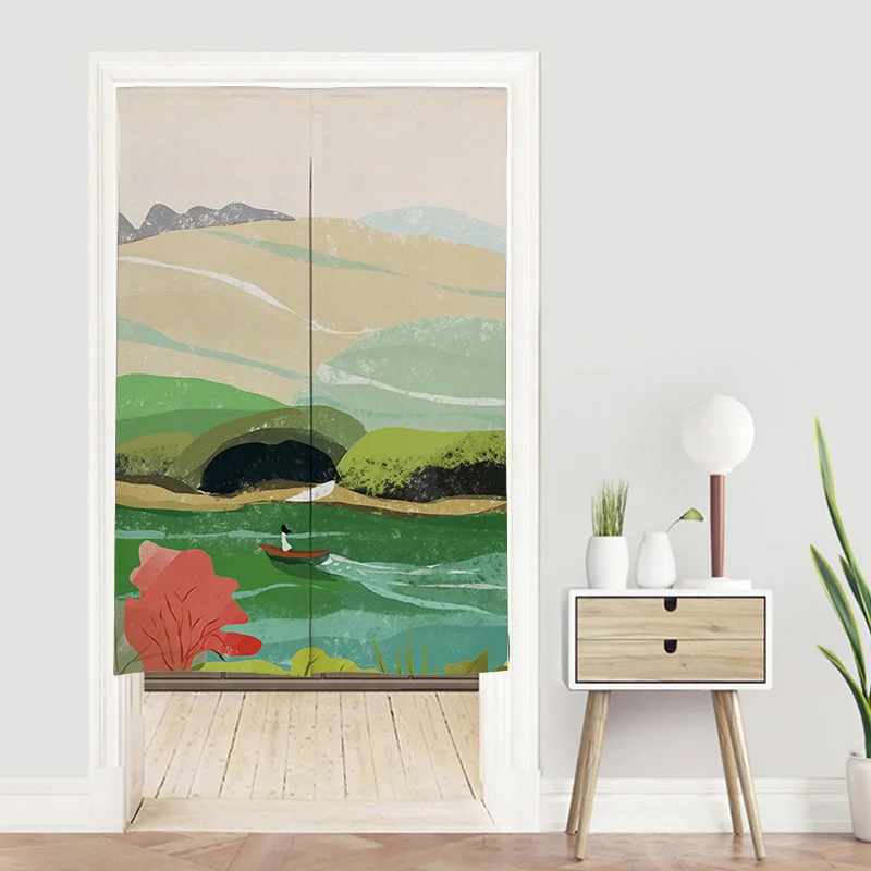 Hand Drawn Travel Landscape Door Curtain Kitchen Entrance Home Noren Japanese Hanging Doorway Partition Half-Curtains Decoration