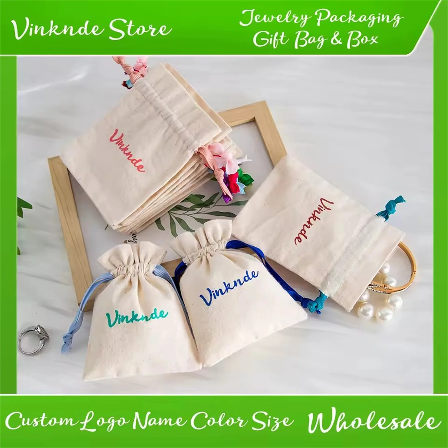 

100pcs Custom Logo Cotton Burlap Nature Canvas Bag Jewely Gift Bags for Necklace Earring Ring Soap Organizer Pouch Wedding Favor