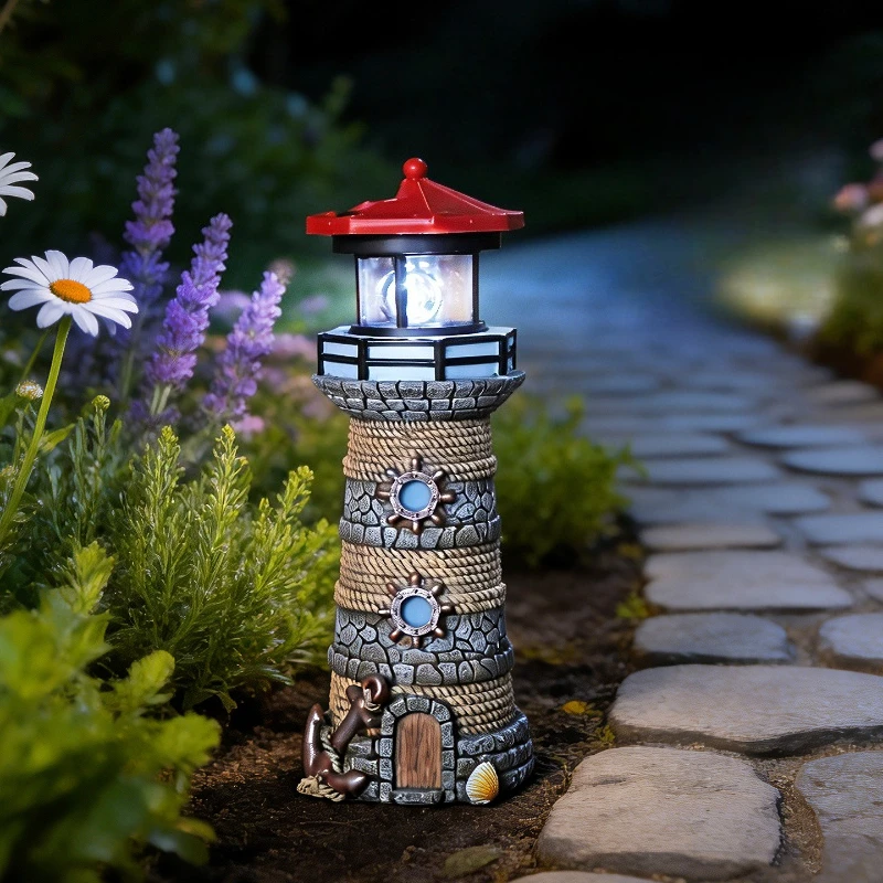 Solar Outdoor Lighthouse Garden Statue, Automatic Rotating Beacon,Wire-Free Setup, Decorative,for Patios,Porches,Lawns and Yards