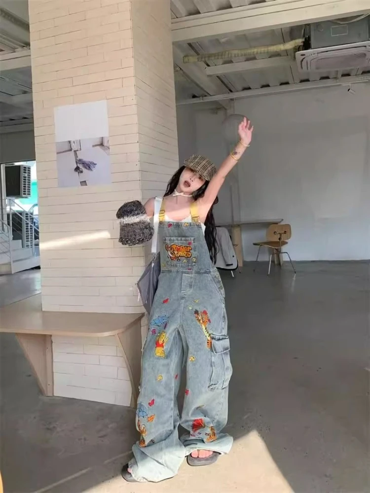 Tuta vintage da donna stile americano gamba larga tuta lunga fino al pavimento pantaloni casual in denim scozzese alla moda a vita alta elasticizzati