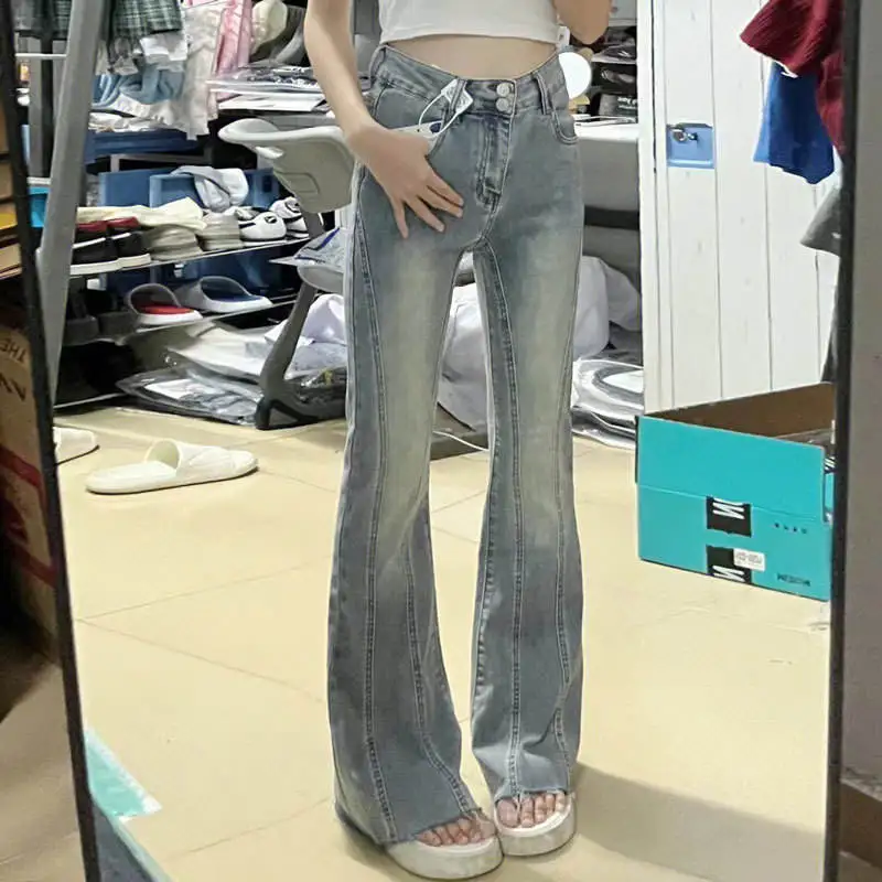 

Эластичные джинсы-клеш с высокой талией для женщин, с двойным синим ретро-дизайном, с эффектом похудения, с бахромой, длинные брюки