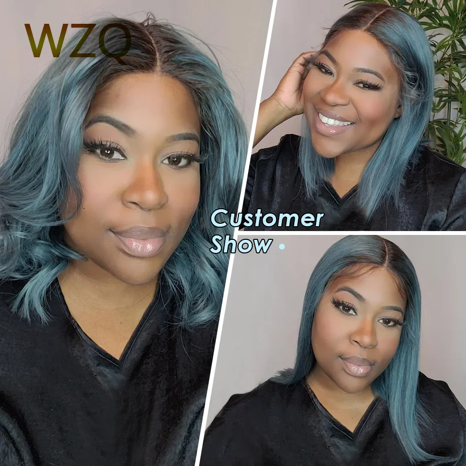 

13x4 Lace Front Human Hair Wigs For Women 180% Density Transparent Lace Frontal Wig Ombre Pink Color Wig #4/Blue Short Bob Wig