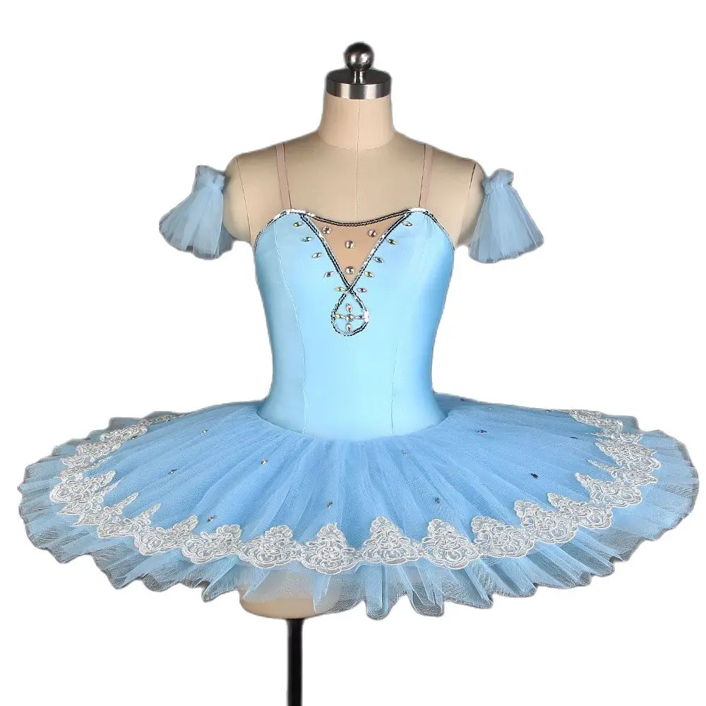 Costume de danse de ballet pré-professionnel, corsage en spandex bleu, garniture blanche, tutu pansement ballerine, BLL122, tout pour la danse, nouveau