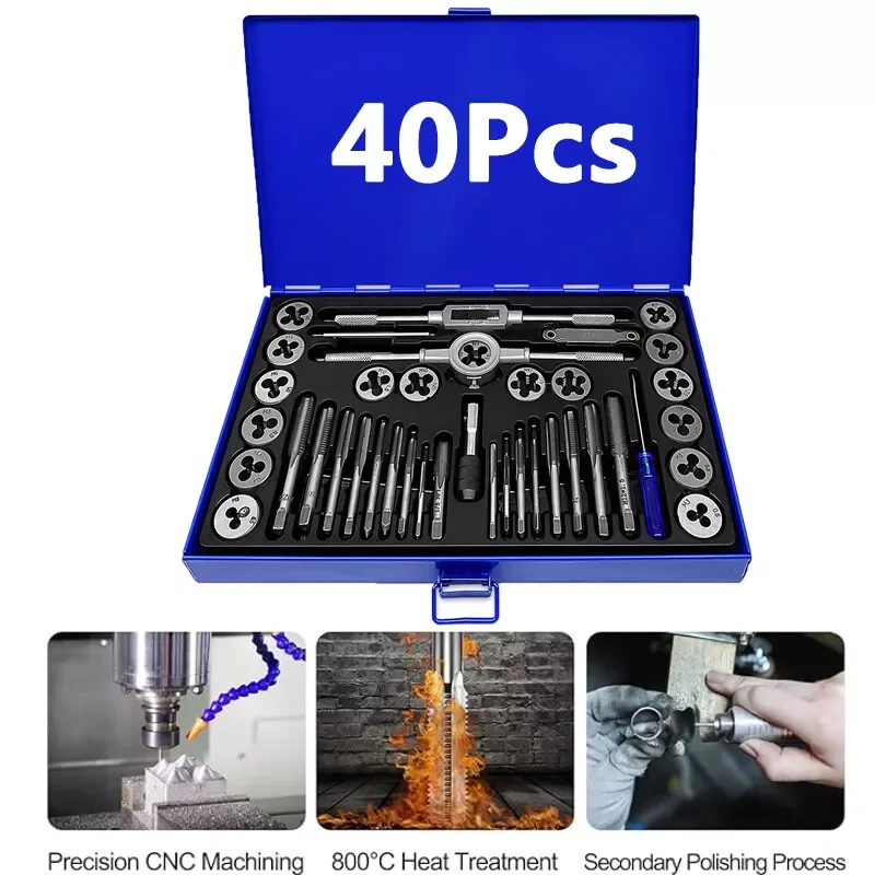 40PCS Metric Tap and Die Set M3-M12 Alloy Steel Pitch Gauge Tough-Bearing Steel CNC Threading Reamer Tool