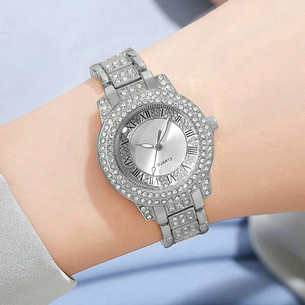 5PCS Set Luxury Watch Women Ring Necklace Earrings Rhinestone Fashion Wristwatch Female Casual Ladies Watches Bracelet Gift