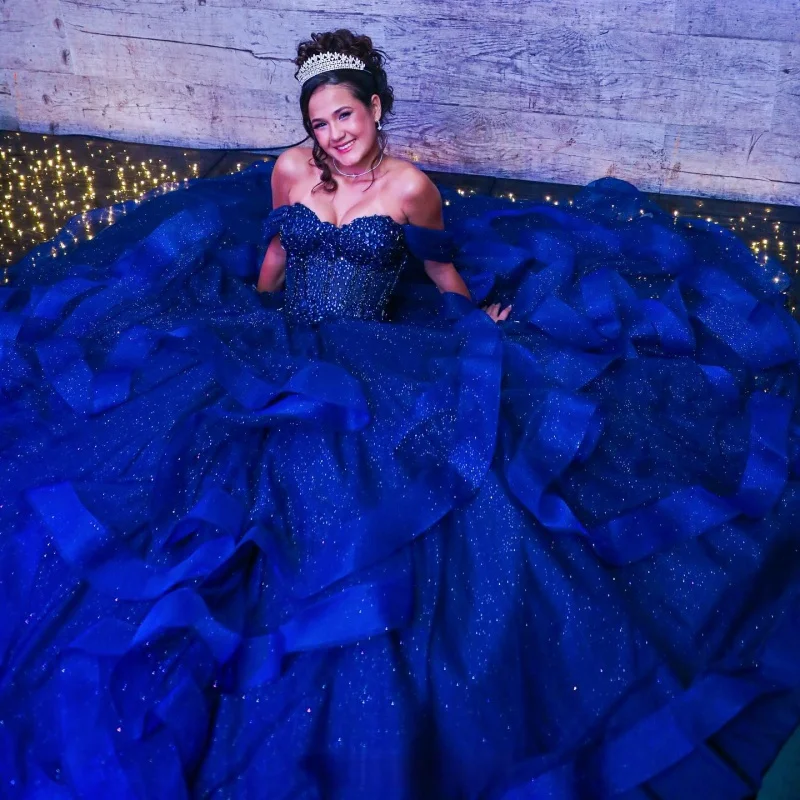 

Shiny dark blue Quinceanera Dress off-shoulder Lace layering crystal Decal Long tail vestidos de 15 Quinceanera ﻿Customize