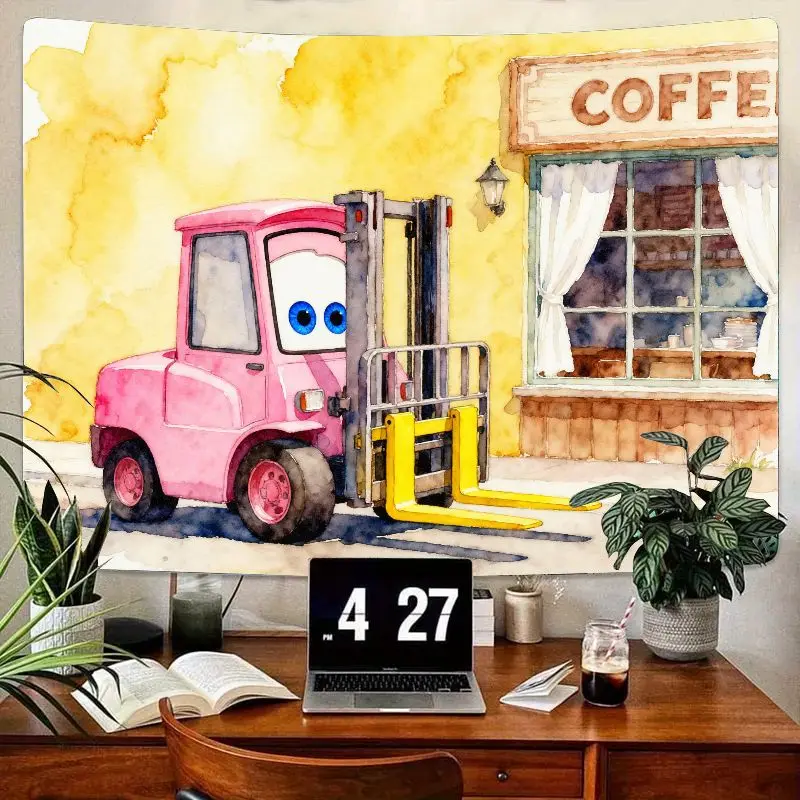 

1PC Kawaii Pink Forklift Tapestry Watercolor Cartoon Vehicle Wall Art Aesthetic Coffee Shop Decor for Kids Room Bedroom Gift
