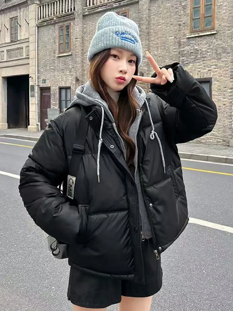 Retro Pu Leather Patchwork Parka Women Y2K Winter Thick Loose Fake 2 Piece Crop Coats Bf Korean Streetwear Warm Splicing Jacket