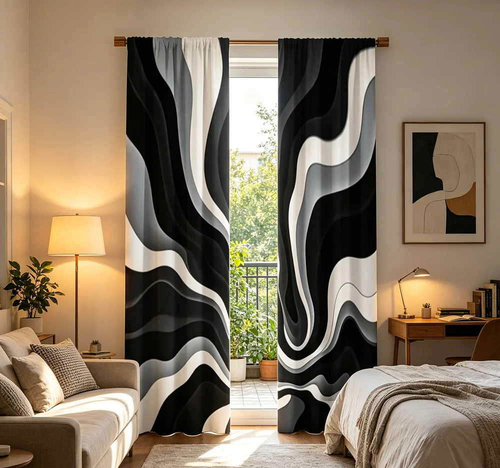 2PCS Digital Printed Curtains, Black White Vortex Spiral Abstract, Rod Pocket Window Drapes for Living Room Bedroom Decor