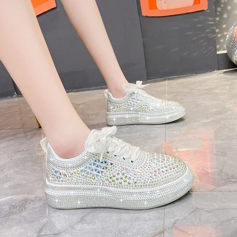 Zapatos deportivos de cristal brillante de fondo grueso para mujer, zapatillas de diseñador de lujo, zapatos casuales de moda, Otoño, 2024