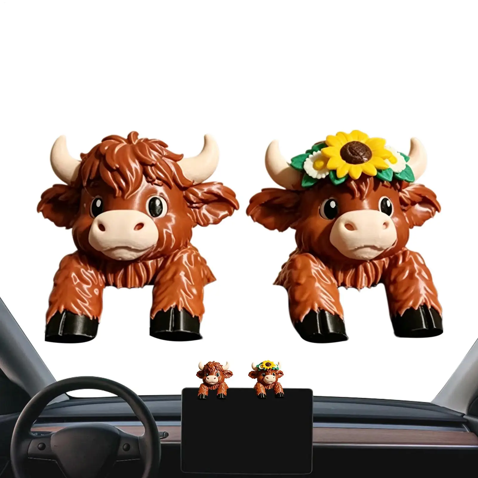 2pcs Cute Highland Cow Monitor Buddy Desk Decor Small Funny Cow Figurine Car Console Statues For Home Living Room Bedroom Office