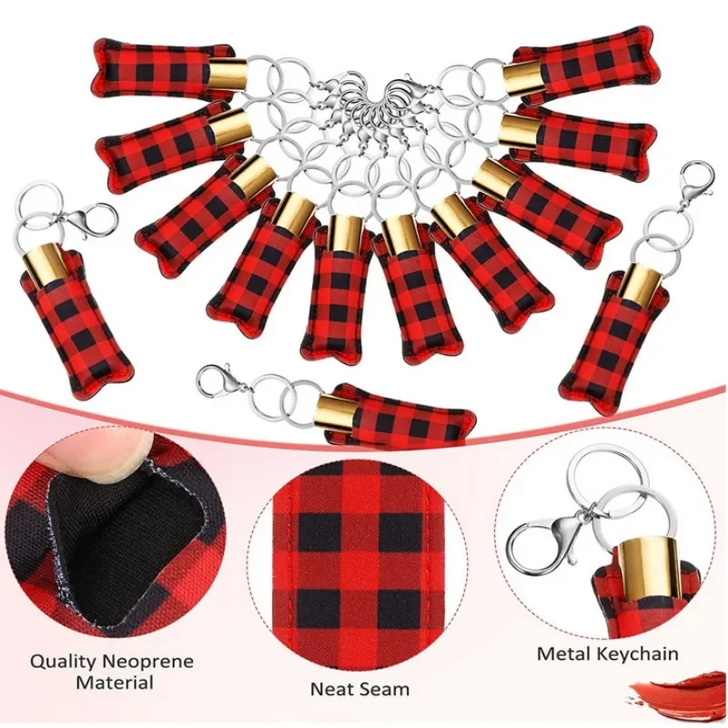 40pcs Chapstick Holder Keychains, Red Black Plaid Chapstick Lipstick Holder, Keychains with Metal Clip Cords Christmas Decor