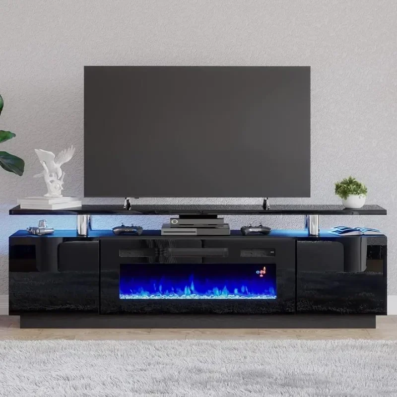 

Fireplace TV Stand for 80 "TVs, LED Light, Entertainment Center, 2-Tier Storage", High Gloss, 70"