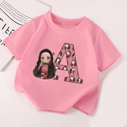 Demon Slayer Nezuko Girls T Shirt Clothes Children Tops Letter A-Z Child Cotton Short Sleeve Summer Cartoon Kids Birthday Gifts