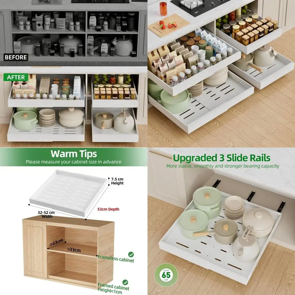 

Expandable 4-Tier Pull-Out Cabinet Organizer, 21 Deep Drawer Slides, Upgraded Rails with Adhesive Nano Film (White)
