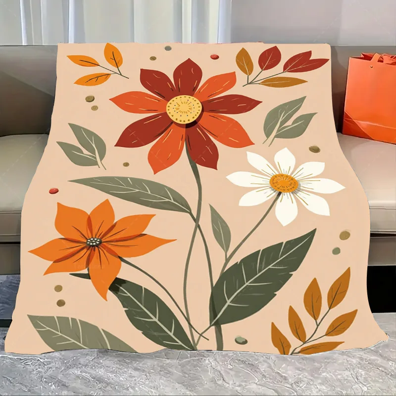 

1 шт. фланелевое одеяло, осеннее одеяло с цветочным принтом — уютный домашний декор с оранжевыми и белыми цветами