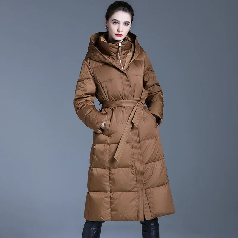 2024 Winter Down Jacket Women Belt Long Over-Knee Loose Coats Extra Thick Korean Style Fashion White Duck High Collar Caramel