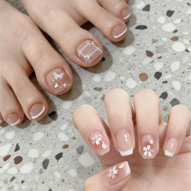 24+24Pcs Hand And Foot Nail Set—French-style Short Press-on Nails For Hand And Foot Care The Perfect Summer Gift For Women_voghion.com