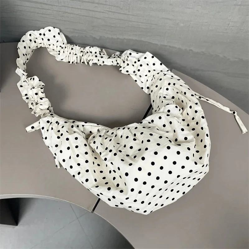 Polka Dot Ruched Nylon Shoulder Bag Large Capacity Casual Underarm Dumpling Bag For Women Spring Summer Daily Shopping Travel