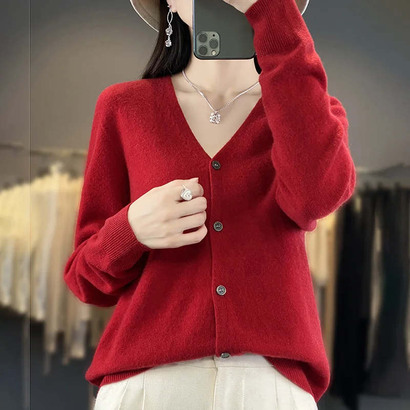 New Women\'s V-neck thin Cardigan 100% Wool Comfortable Soft Knitwear Solid Color Cardigan WQ015