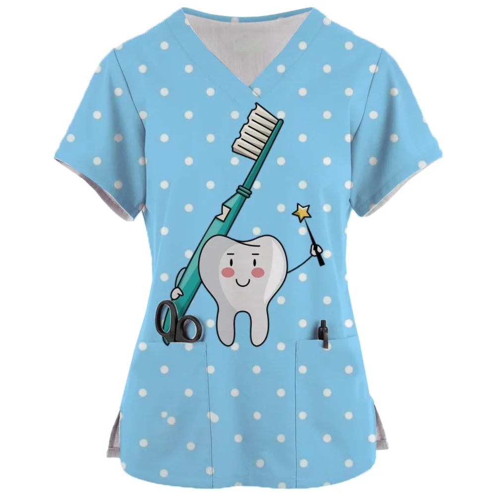 Toothbrush printing, female nurse uniform top, cute pocket T-shirt, female short-sleeved T-shirt, fashionable nurse uniform
