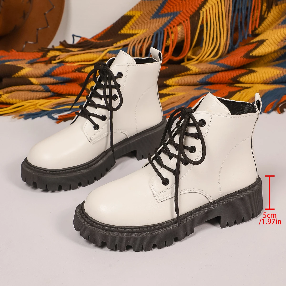 Ladies White Platform Combat Ankle Boots Round Toe Lace‑Up Side Zip Thick Lug Sole Non‑Slip Short Boots Warm Lined Or Unlined