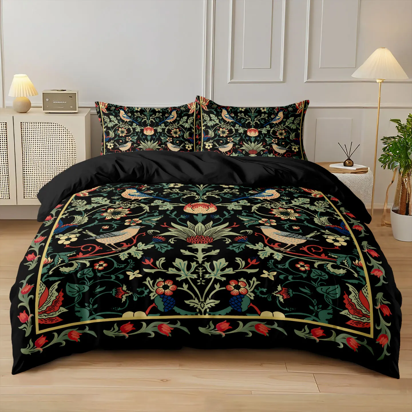 3pcs Black Retro Floral Print Coreless Duvet Cover Set, Multi Size Bedroom Dormitory Soft and Comfortable, Machine Washable
