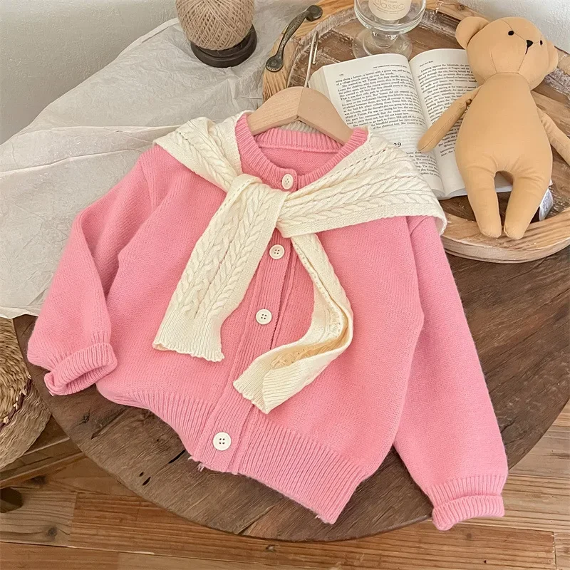 Baby Girls Cute Sweaters Solid One Breasted Full Sleeve Casual Cardigans With Contrast Shawl Fashion Winter Soft Knitting Coat