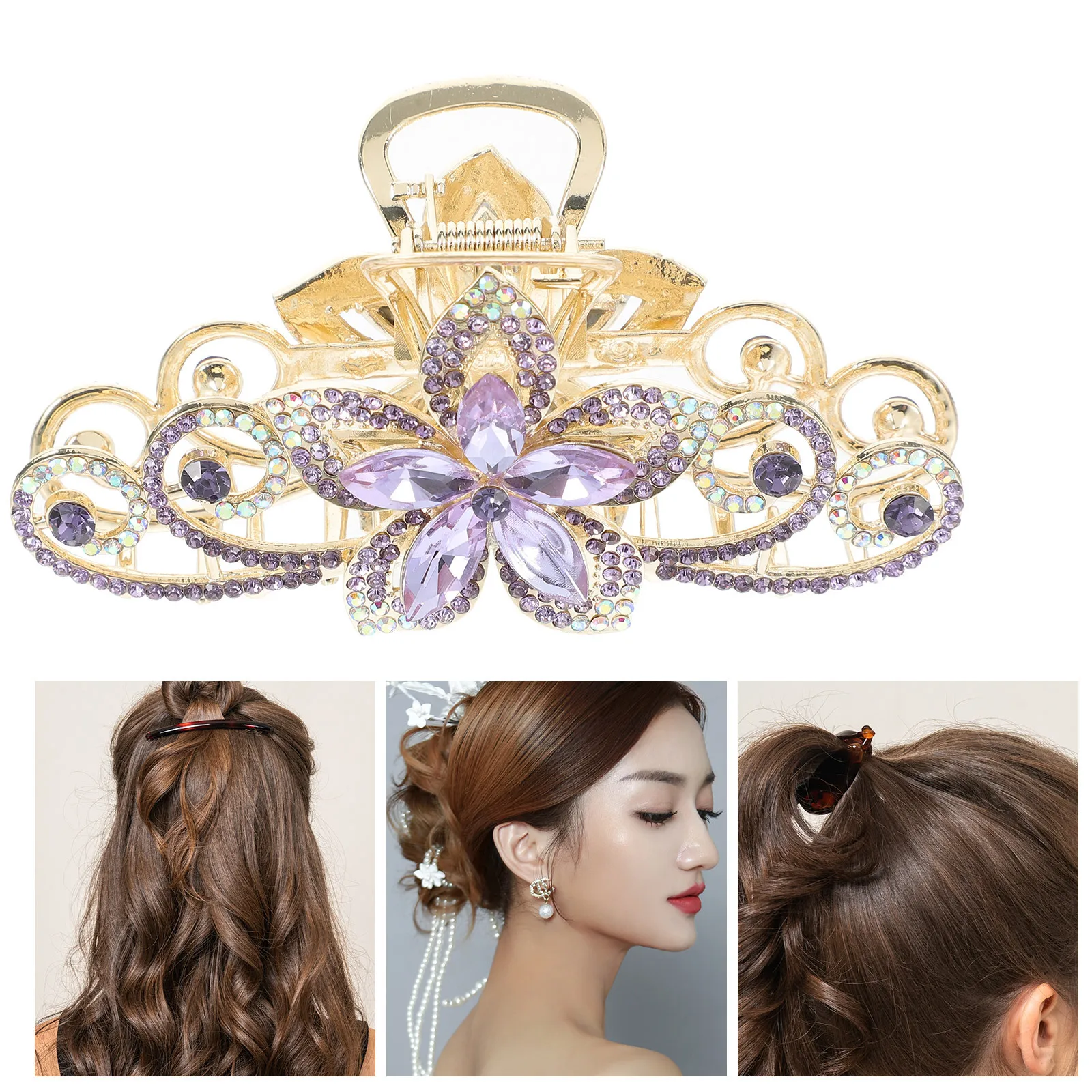 

Large Claw Hair Clip Flower Rhinestone Decoration Sturdy Grip Versatile Updos Ponytails Durable Alloy Material