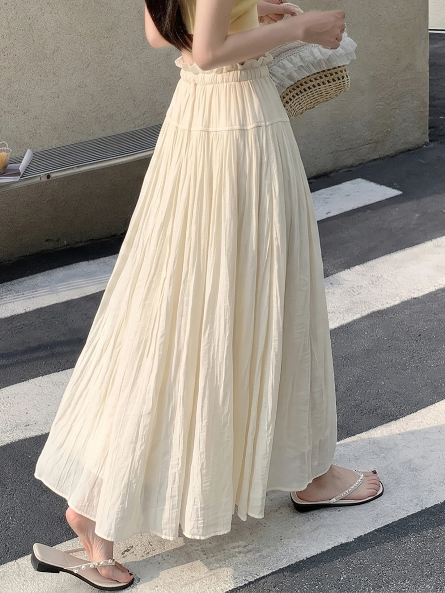 

Summer New Style Women's Soft Crepe Half Skirt A-Line Maxi Gown with Flounce High Waist Pleated Commuter Elegant