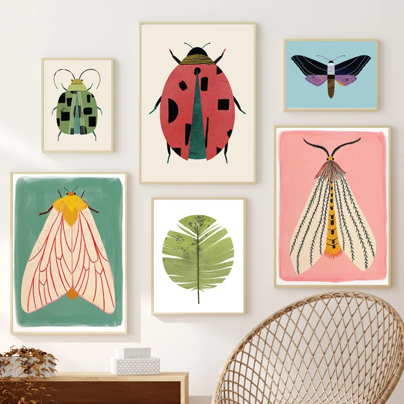 Butterfly Wall Art Ladybug Tiger Moth Beetle Feather Canvas Painting Nordic Poster Printing Wall Picture Room Decoration